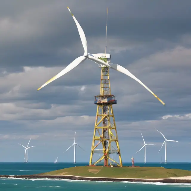 An image of a wind turbine connected to an oil rig in the North Sea, illustrating the industry