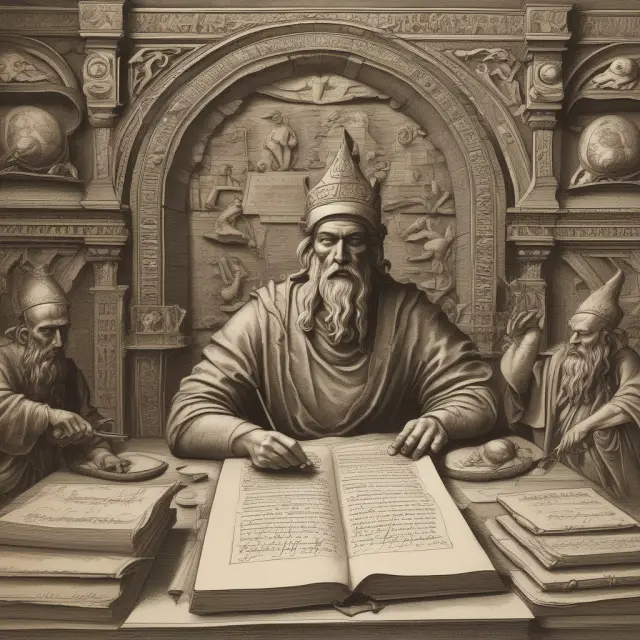An image of scribes transforming into modern notaries in ancient civilizations, symbolizing the enduring role of document authentication