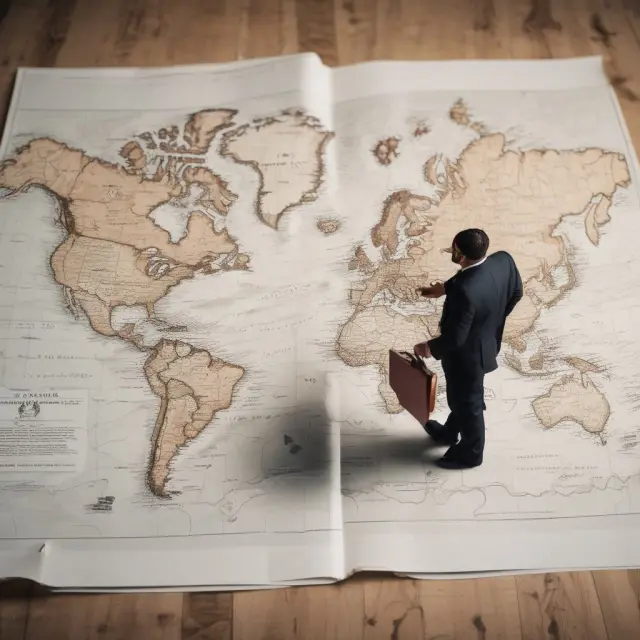 Notary assisted by a map, illustrating common locations for document notarization (post offices, banks, libraries, etc.) and the emergence of remote online notarization.