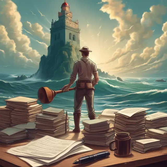 A notary, symbolized by a lighthouse, safeguards trusted documentation from fraudulent records represented as stormy seas