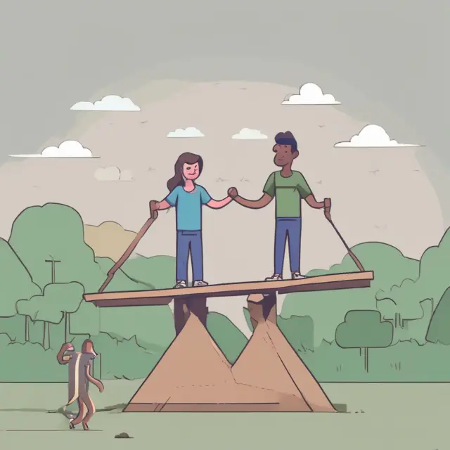 A borrower and lender on a seesaw symbolizing mortgage payments. Delinquency tips the balance, triggering a notice of default.