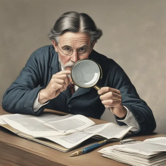 A borrower closely examining a notice of default document using a magnifying glass to emphasize the importance of reviewing its contents
