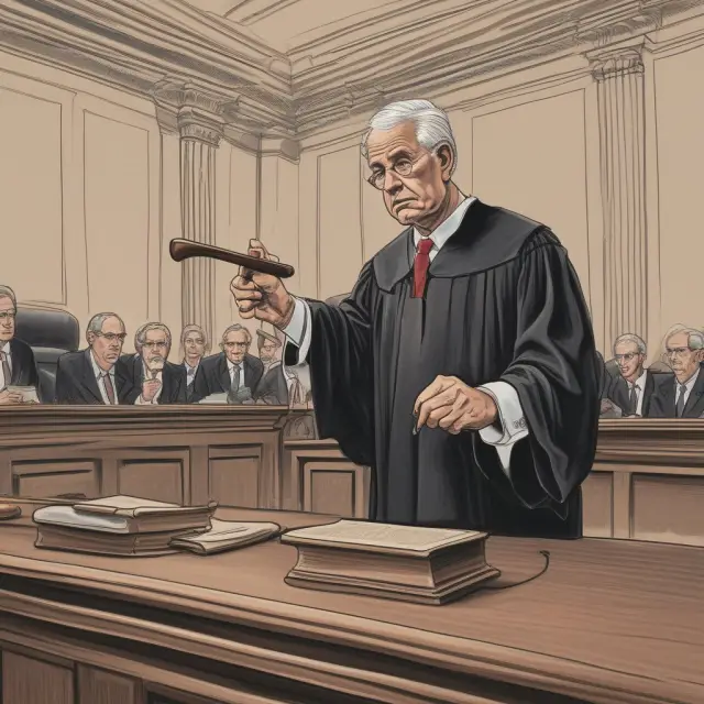 Judge evaluating notice of default, gavel tapping desk - court proceedings