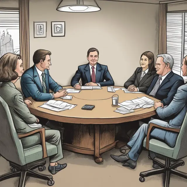 A lender and borrower seated around a table, engaging in a negotiation process for alternative mortgage resolution methods, such as loan modification or forbearance agreement.
