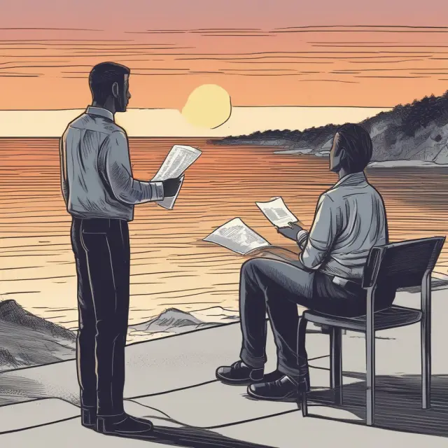 A businessman delivering a sunset notice to an employee, signifying the end of their employment tenure. Includes terms like 