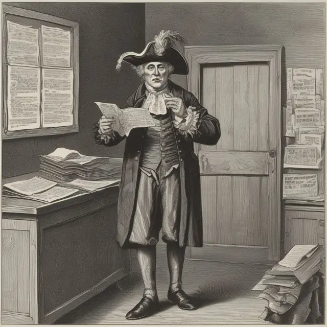 Town crier delivering a notice to creditors announcement inside a newspaper office, symbolizing the essential legal process of notifying creditors following an individual