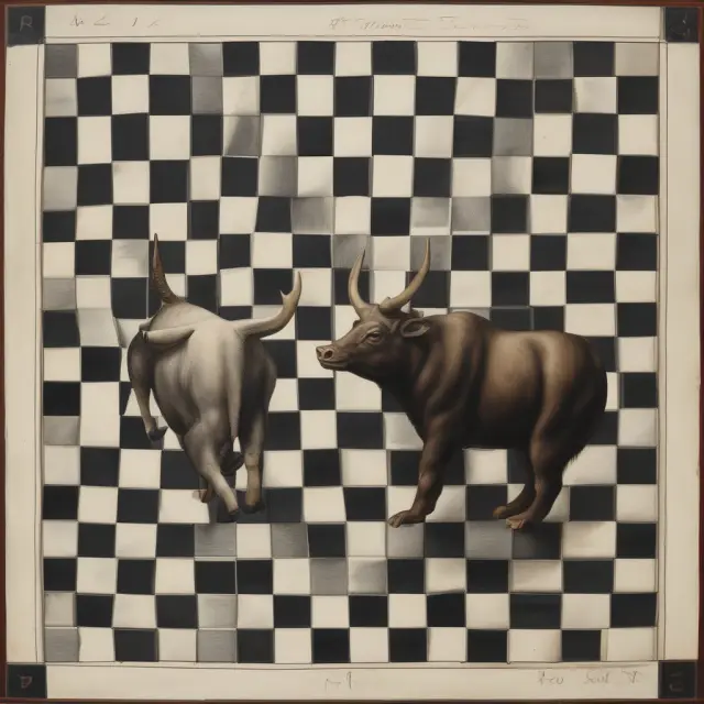 Bull and bear figures engaging in a chess match symbolize financial contracts. Notional principal amounts serve as the game