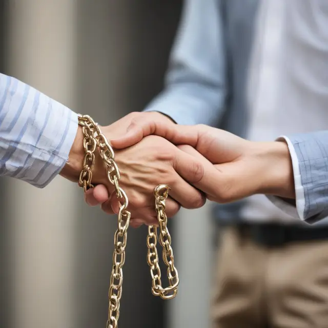 Two individuals replacing a golden chain linking their hands with a silver handshake, symbolizing novation in real estate transactions