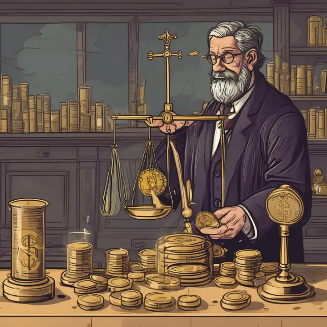 An alchemist weighs gold coins, symbolizing cash inflows, against intangible benefits, illustrating the net present value rule in corporate finance.