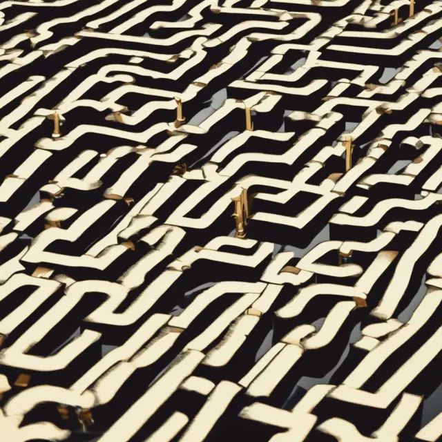 A golden coin flows through a complex maze, representing cash inflows. WACC (golden scales) balances the flow of coins from equity and debt