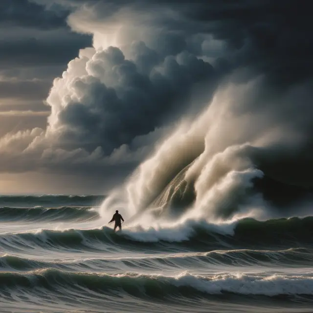 A tranquil sea with NPV rule buoy amidst turbulent financial storms, corporate misalignment icebergs, and waves of uncertainty