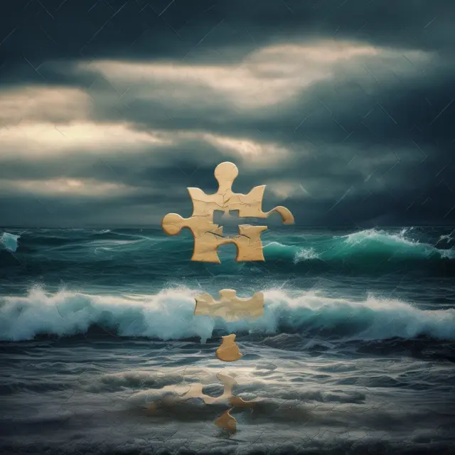 Net present value rule jigsaw puzzle with a stormy sea background, emphasizing its limitations and the uncertainty of future cash flows.
