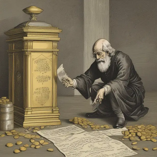Ancient scholar adding future cash flows to a time capsule, each one labeled with its discount rate. Present value emerging from the capsule as gold nuggets.