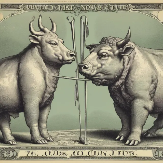 Bull and bear figures represent NPV analysis, with bull grappling uncertainties in future cash flows and bear testing the impact of varying discount rates using a tuning fork