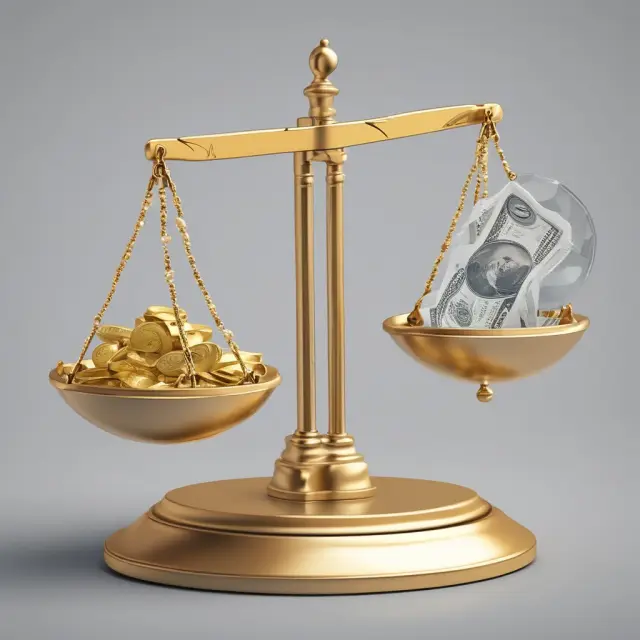 Golden scale comparing present value to future growth opportunities represented by a crystal ball of glowing cash inflows