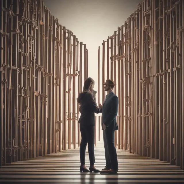 Employer and employee standing before a labyrinth with key in hand, representing IRC Section 409A