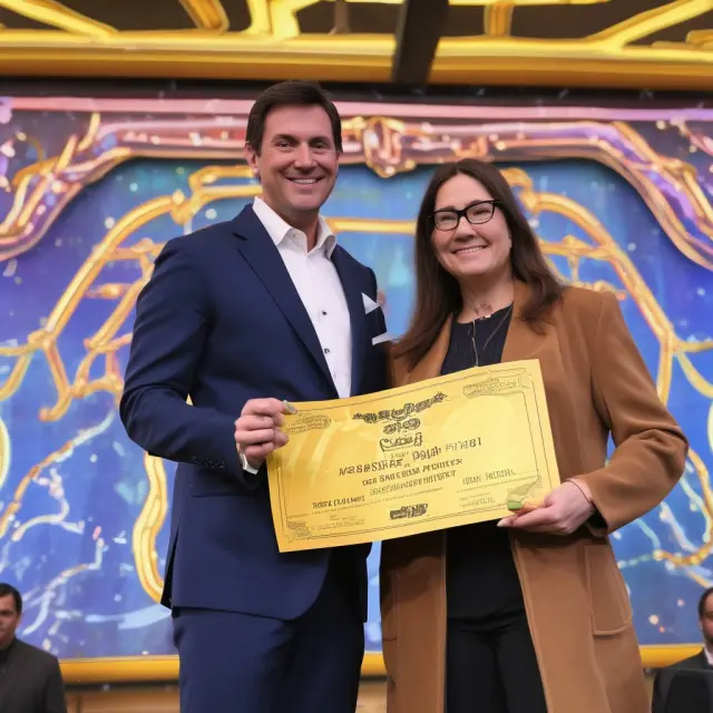 A golden ticket being presented to a company on the grand stage of the NASDAQ Global Select Market, symbolizing prestige and exclusivity
