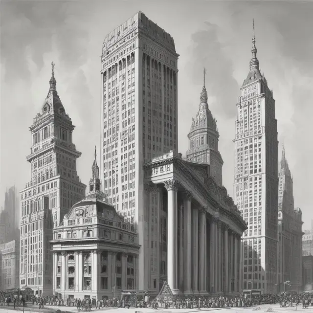 A comparison of two grand structures - the NASDAQ as a flexible, modern tower, and the NYSE as a regal, traditional one. Depicting their unique market structures and average market capitalizations.