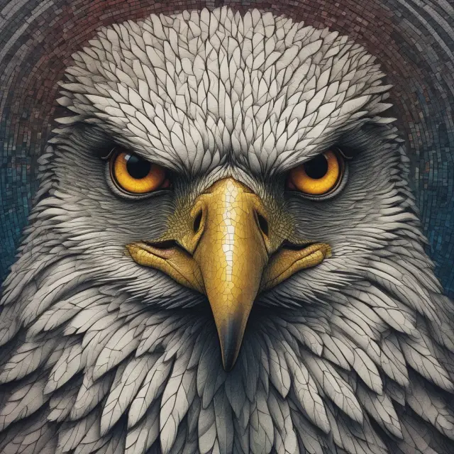An eagle with sharp, knowing eyes inspecting a colorful and intricate mosaic representing the National Registration Database