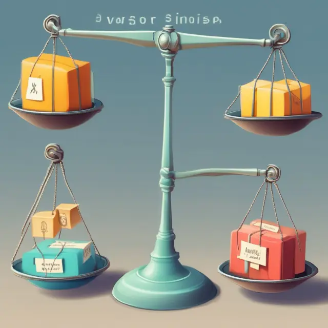An image of a balance scale with inventory items on one side and their respective NRVs written on tags, while the other side holds production costs represented by weights.