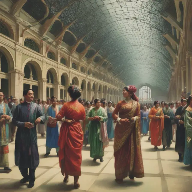 Buyers and sellers interacting in an ornate hall symbolizing NSCC, emphasizing efficient multilateral netting
