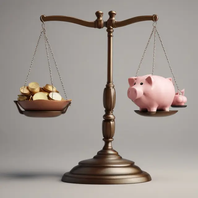 A balanced scale tilts towards a piggy bank, emphasizing financial preparation to prevent NSF fees