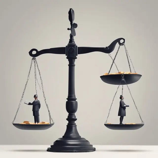 A scale teeters between a consumer and a bank, representing ongoing debates over fairness and legality of NSF fees