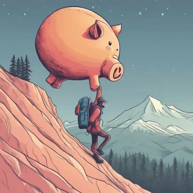 Person climbing a mountain with a piggybank, illustrating overcoming NSF fees through determination and proactive financial management.