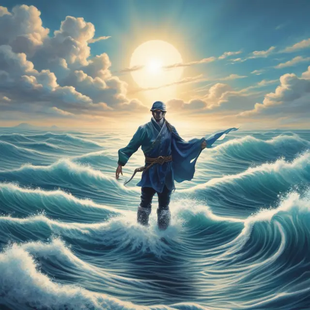 A shielded blue sky figure safeguarding investors from a turbulent financial sea, symbolizing securities regulation and protection.