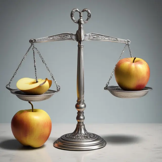Golden apple for income tax, silver dollar for AMT, and pear for long-term capital gains on a balanced scales
