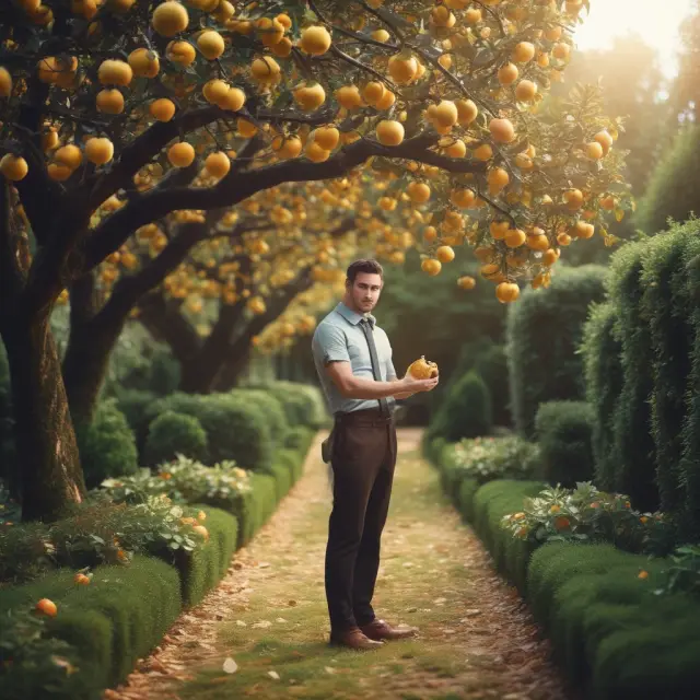 An employee holding a golden apple symbolizing a non-qualified stock option grant in front of a flourishing garden representing company growth