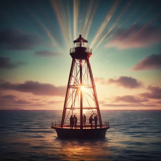 A lighthouse, symbolizing numéraire, shines over the financial sea, guiding sailors (investors) to make informed decisions through value comparisons
