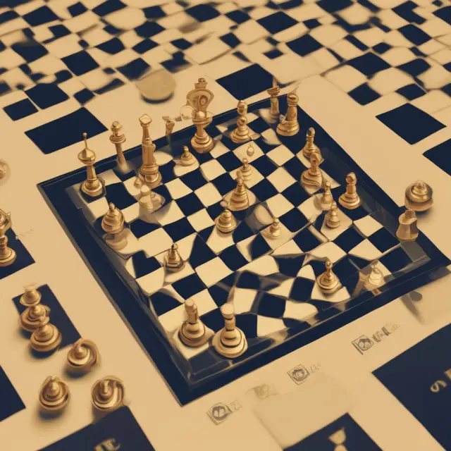 A digital chessboard with Bitcoin (gold), Ethereum (smart contract pawns), and stablecoins (stones) representing the evolving concept of numeraire in cryptocurrencies.