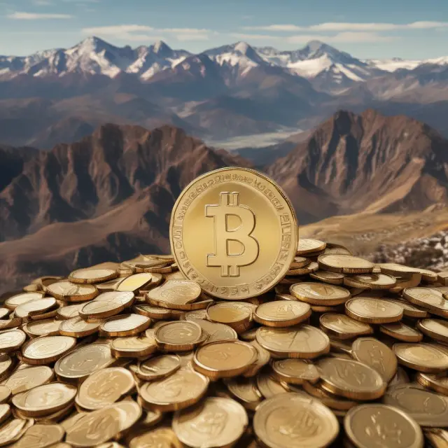 A golden US dollar coin representing numeraire stands tall atop a mountain of various commodities, illustrating its function as a consistent unit of measure for finance and investment.