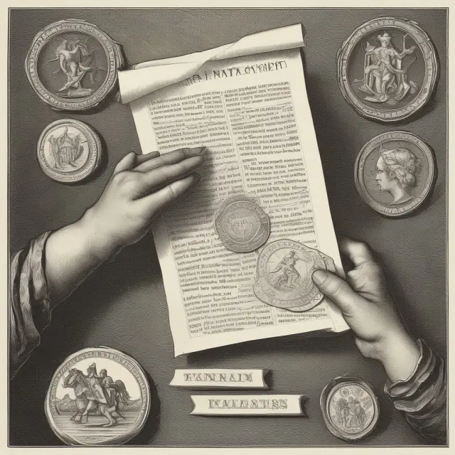 Hand with historical scroll and another with economic chart bridged by coins