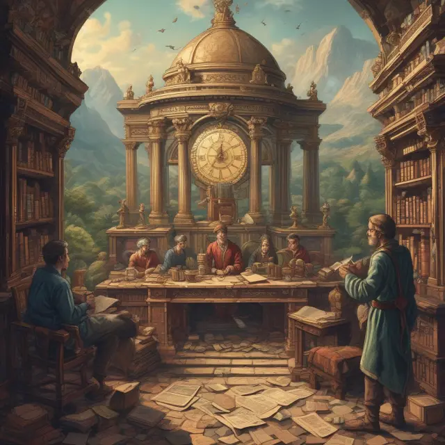 A numismatist examines paper money and a compass, representing notaphily. An exonumist delves into ancient coins atop a pile of treasure, while a scripophilist studies bonds in a library.