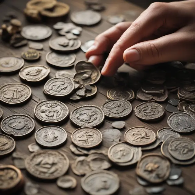 A table filled with ancient coins, illustrating the concept of Gresham