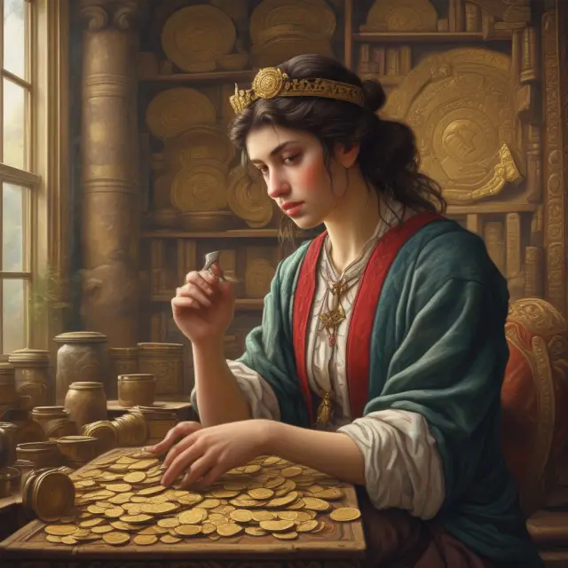 An individual starting their numismatist education at the American Numismatic Association (ANA), surrounded by a diverse array of golden coins and ancient currencies.