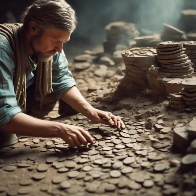 An ancient collector holding a sack, surrounded by coins and artifacts from various civilizations