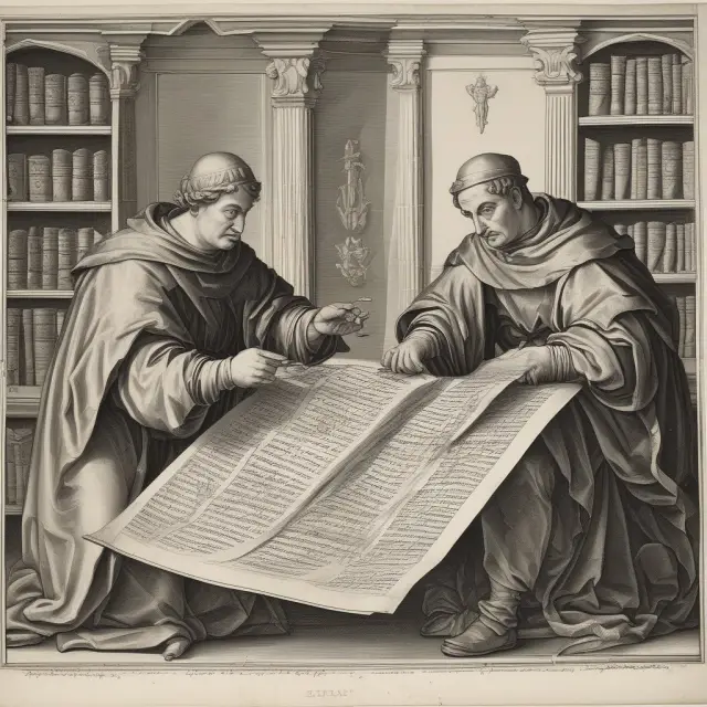 Guillaume Budé and Francesco Petrarca surrounded by ancient coins, books, and historical artifacts symbolizing the importance of their contributions to numismatics during the Renaissance.