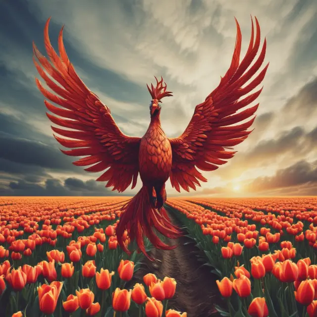 Phoenix rising over tulip fields with an N.V. emblem, representing the benefits and growth potential of Dutch corporate structures