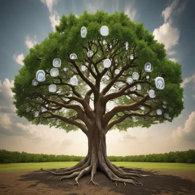 A vibrant tree showcases various commodities like coffee beans, cotton bolls, cocoa pods, sugar canes, and gold nuggets transforming into futures contracts as they reach maturity on the exchange.