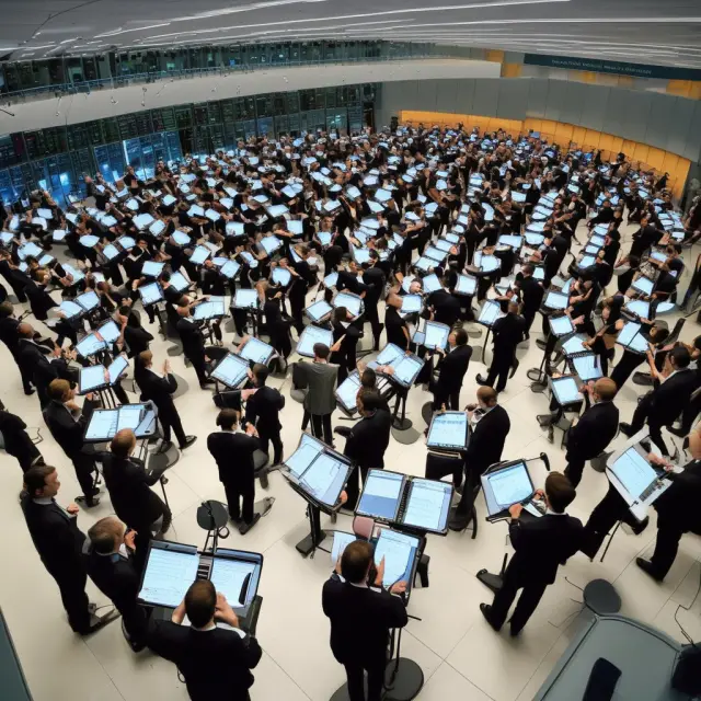 An image of the Intercontinental Exchange (ICE) symbolically conducting a metamorphosis of the New York Board of Trade (NYBOT), from a bustling trading floor to an electronic exchange platform