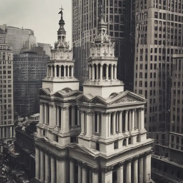 Two stylized bell towers: one for NYSE, another for competitors, illustrating historical significance and trading hours