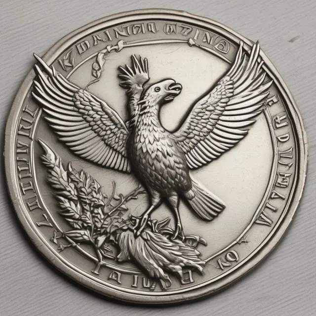 A phoenix emerging from British coins, signifying the decimalization of the New Zealand dollar in 1967