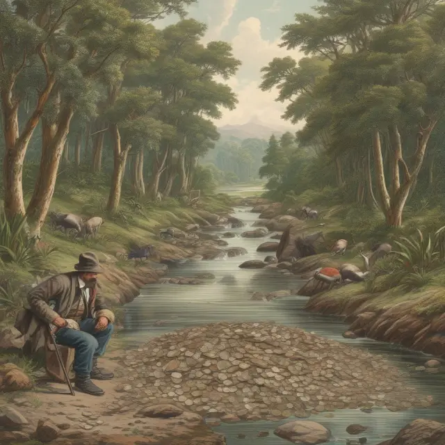 Historic riverbank scene with a diverse collection of New Zealand
