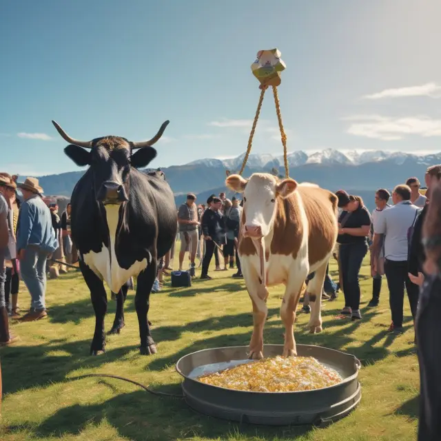 A dairy cow pours golden milk onto a scale as tourists travel on a bus in the background, representing NZ