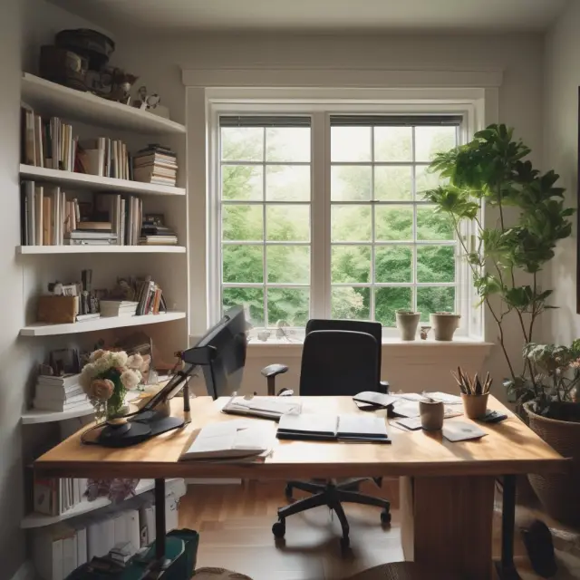 An office setup in a blooming garden with mortgage interest represented by a flowering tree, utilities as a clear stream, repairs as gardening tools, and property taxes as sunflowers growing tall.