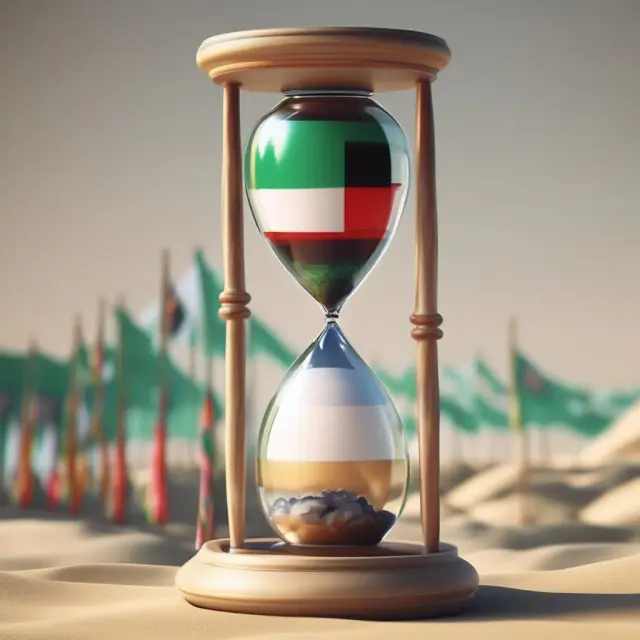 Image: A sandglass with the flags of eleven Arab nations flowing through it, representing the founding and growth of the Organization of Arab Petroleum Exporting Countries (OAPEC)