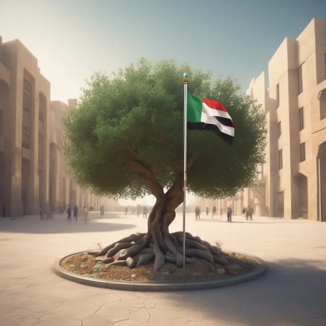 An olive tree with branches adorned by the flags of OAPEC member nations, standing on a bed of oil drops